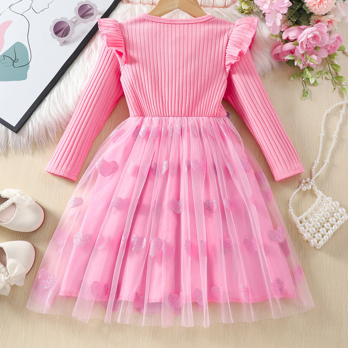2024 Girls Dress Spring Autumn Long Sleeve Gauze Colorful Flower Belt Children Clothes Girls Dress