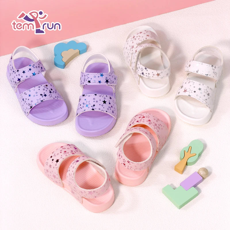 Girls' Shiny Star Outdoor Sandals Summer Printed Soft-Soled Non-slip Slippers Open-Toe Durable Baby Beach Shoes