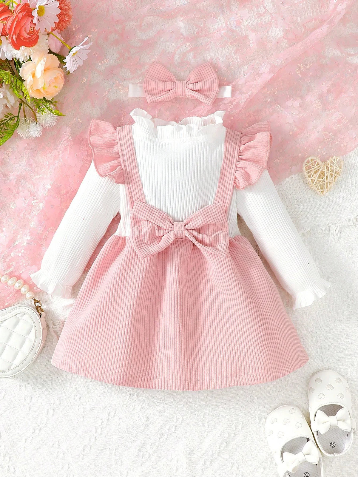 Baby Girl Ribbed Dress Outfit Long Sleeve Ruffle Bow Dress with Headband Elegant Clothes Set