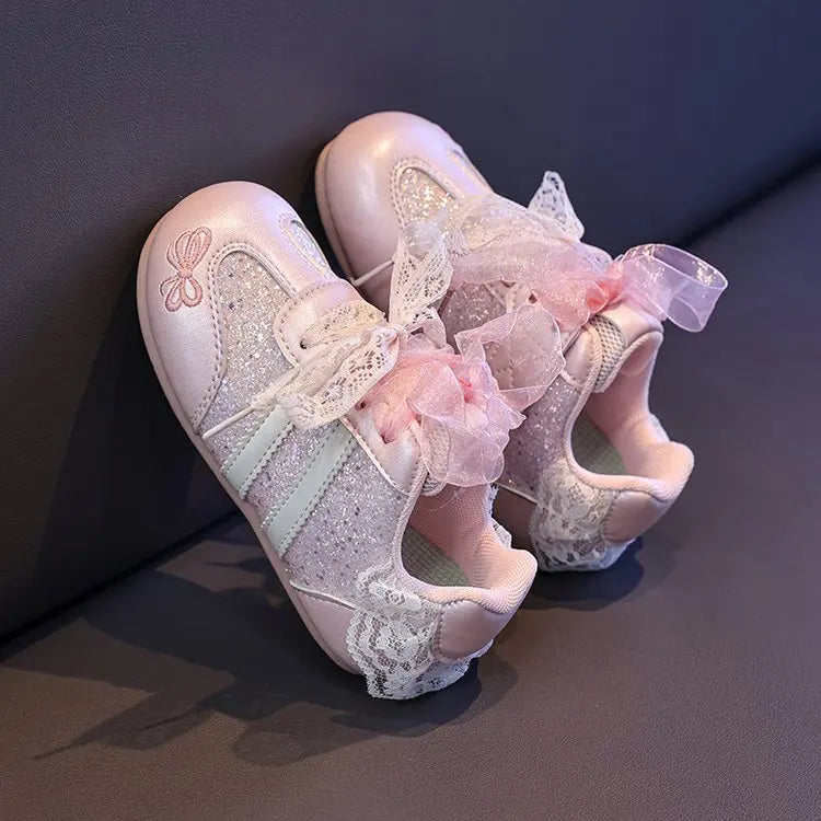 2026 Girls' Spring/Summer New Style Sneakers Pink Cute Flower, Fashion Versatile Casual Shoes, Lace Bow Cute, Non-Slip Soft Sole