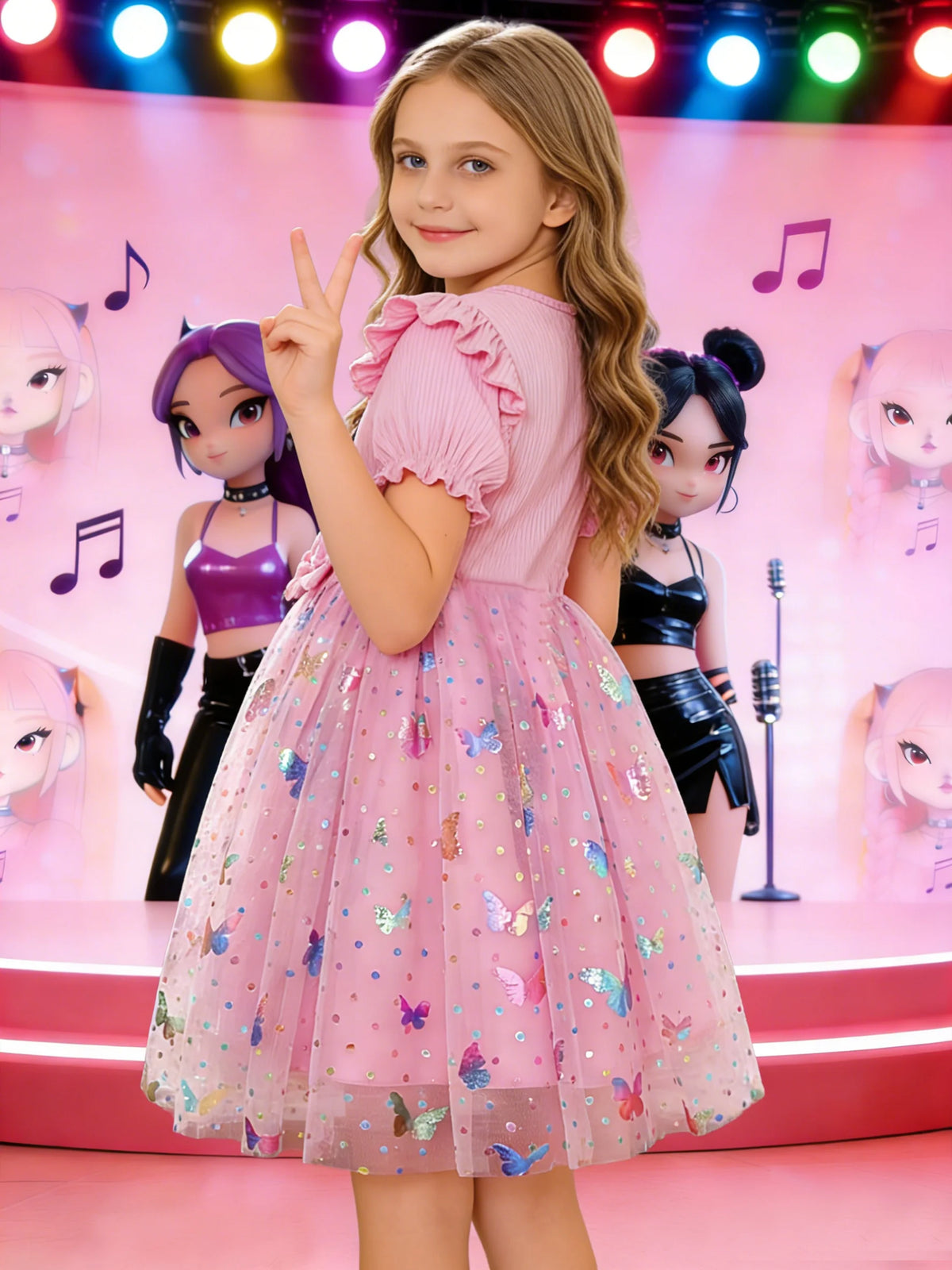 Girls' dress with sweet and cool girl group prints + double bows at the waist, puff sleeves, and a pink princess dress
