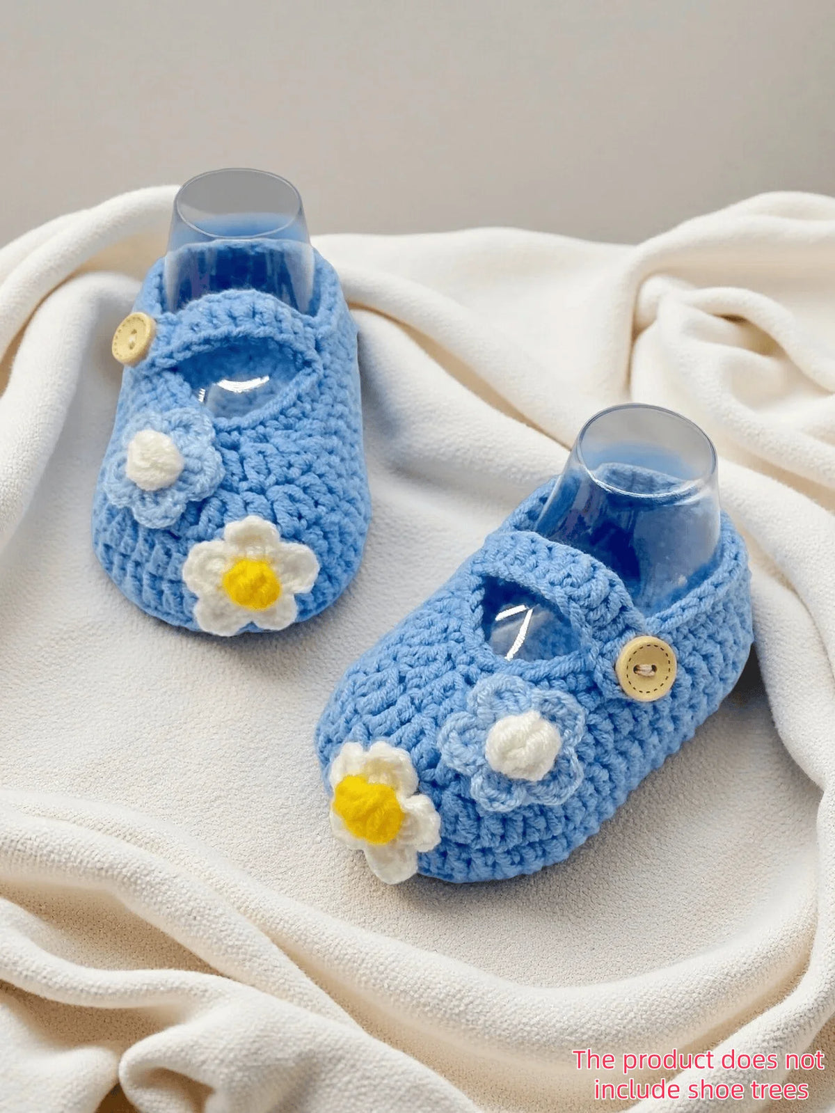 1 Pair Crochet Baby Girl Booties, Pink, Handmade Knit Shoes with Daisy Flower Detail and Button Strap
