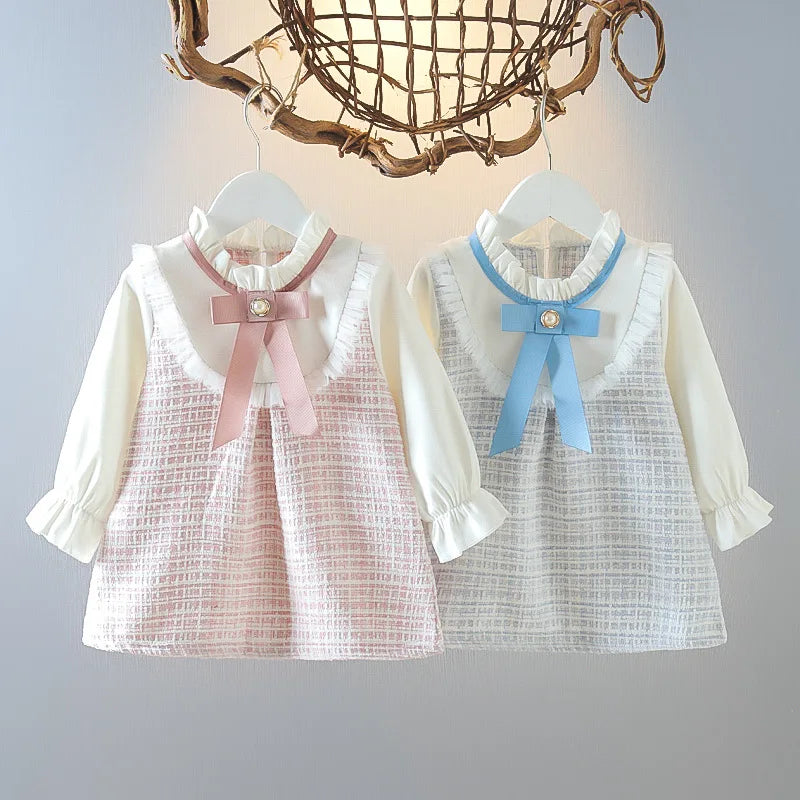 Baby Girl Dresses Spring/Fall Bow-Tie Plaid Long-Sleeve Girls' Dress Adorable Princess Baby Dress