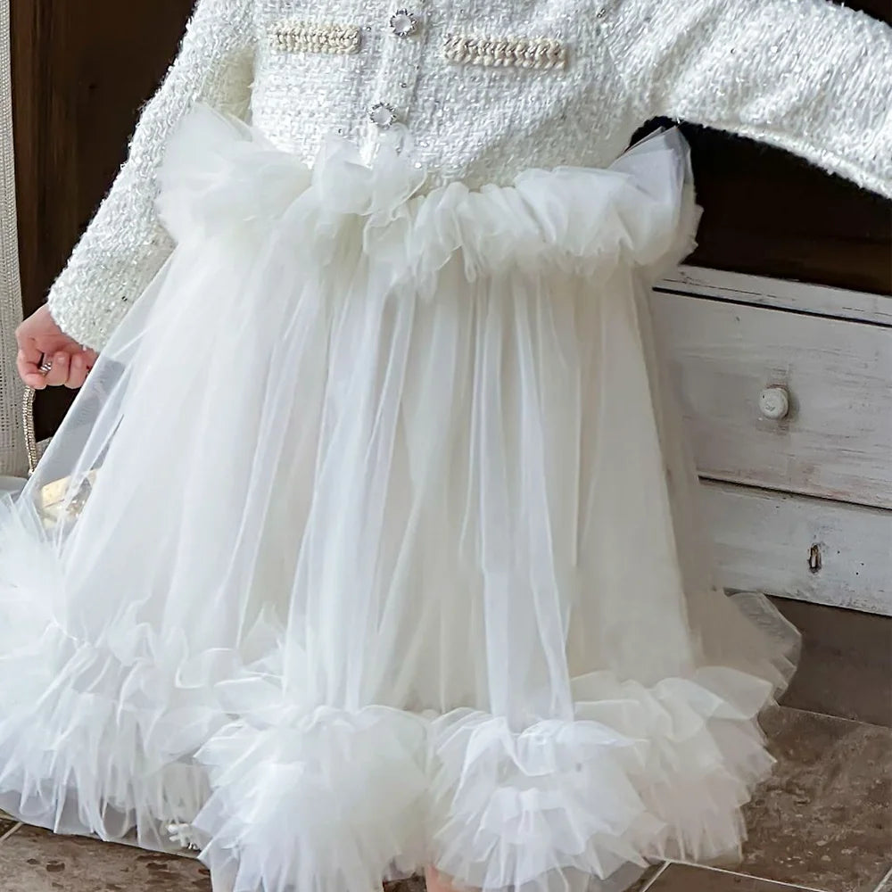 French Princess Dress With Lace Tulle Skirt White Elegant Dress