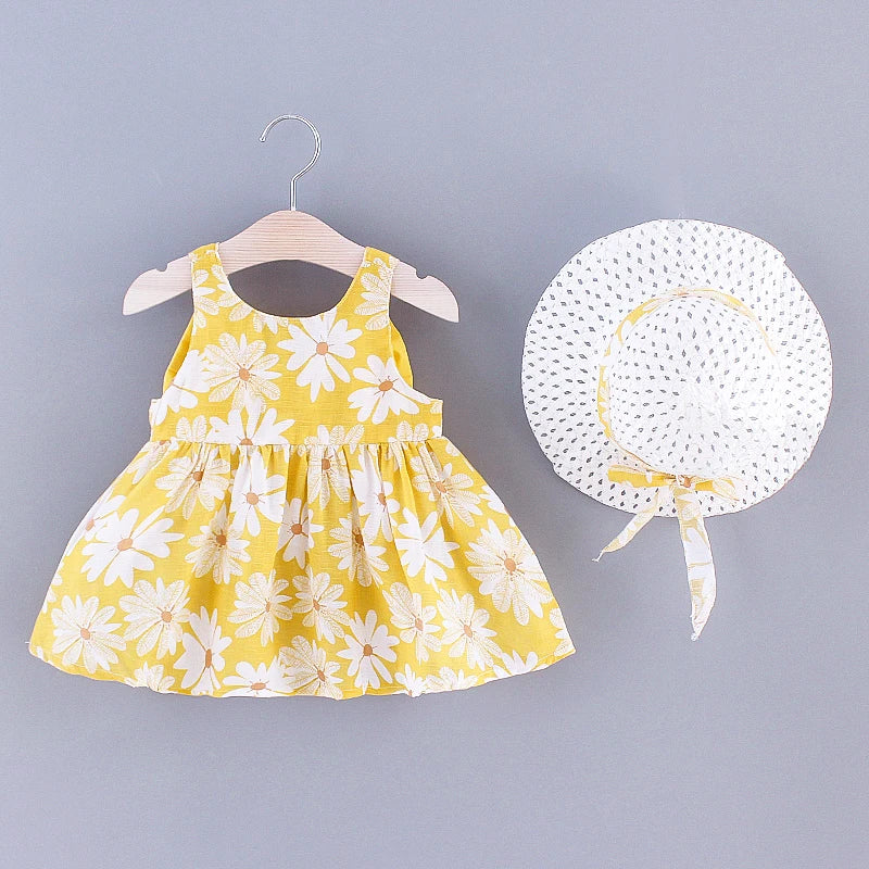 Baby Girl Dress Summer Bow And Full Print Daisy Pattern Suspender Beach Baby Dresses