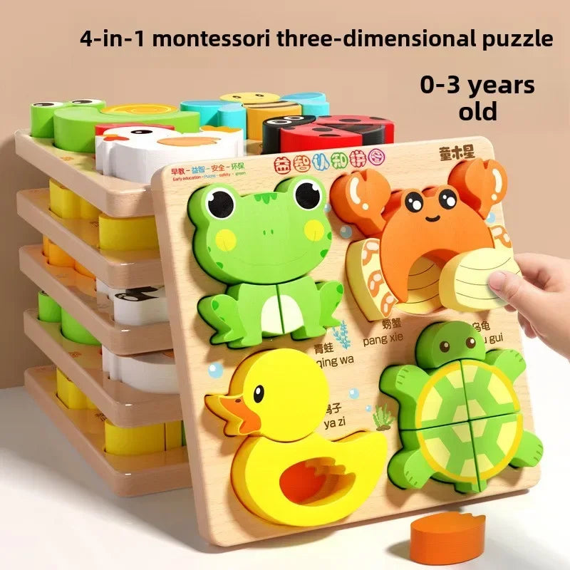 Montessori Cartoon 3D Wooden Puzzle Animal Traffic Jigsaw Toys