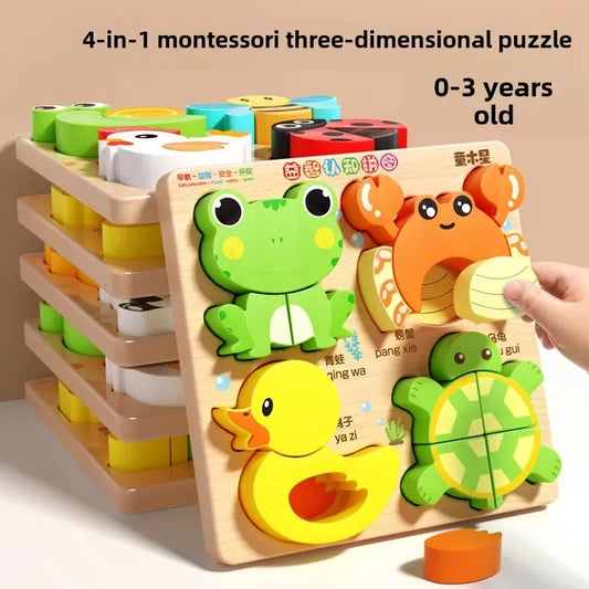 Montessori Cartoon 3D Wooden Puzzle Animal Traffic Jigsaw Toys