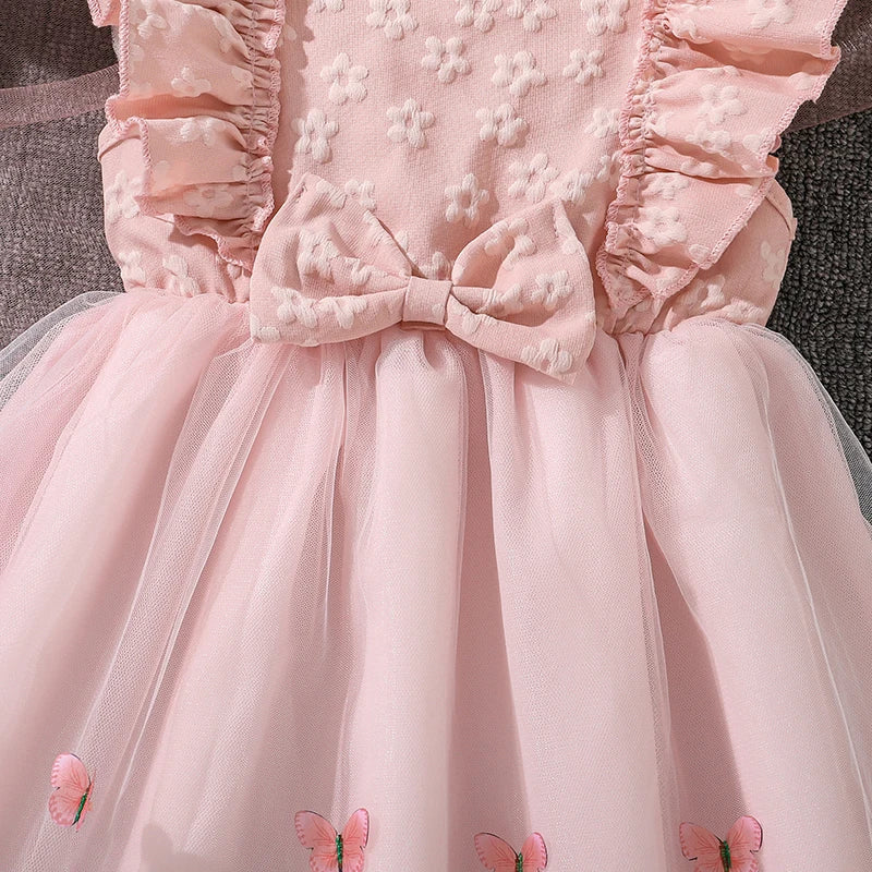 Dress For Girls Yellow O-Neck Fly-Sleeve Tulle Bowknot