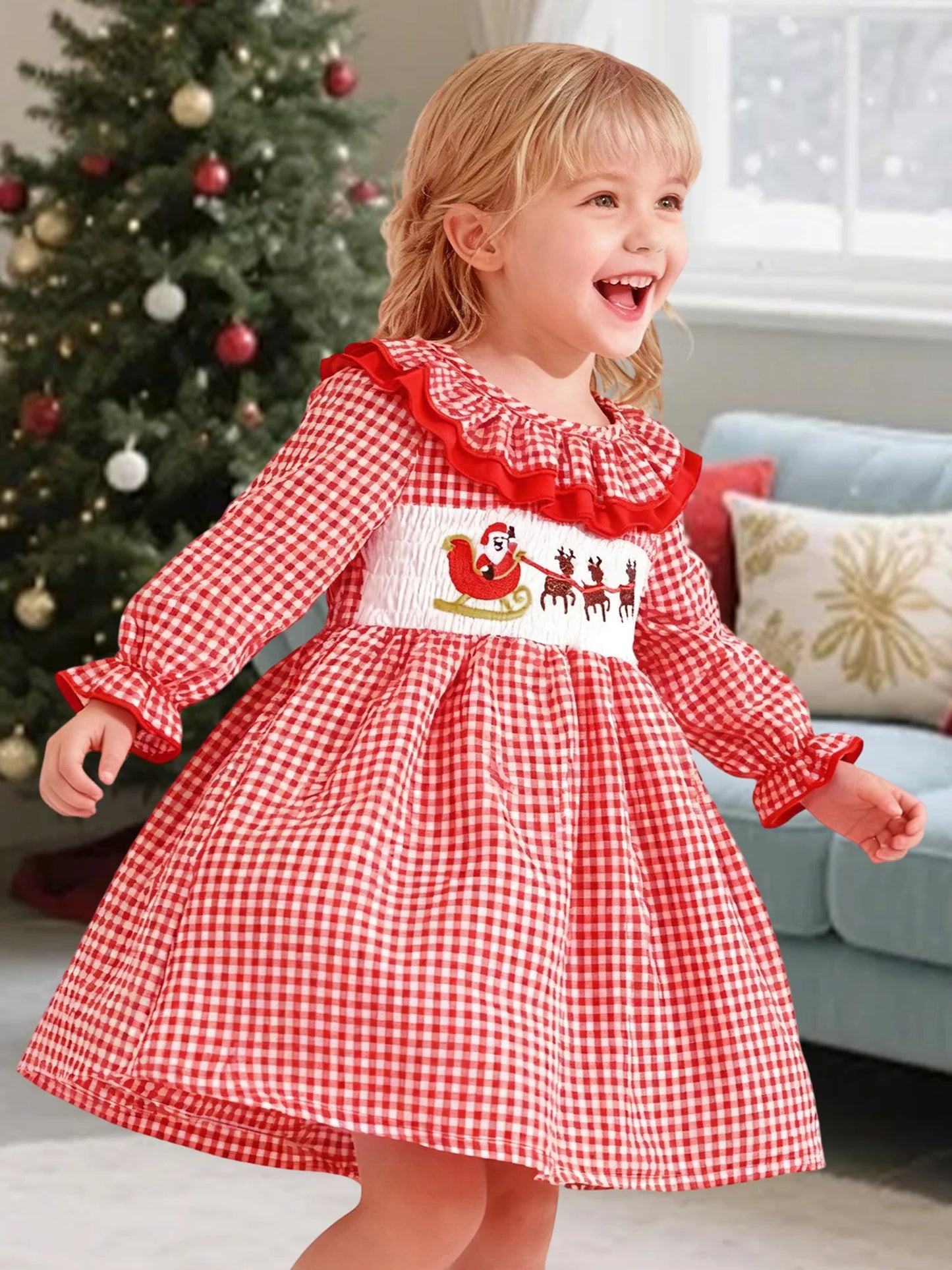 Girls Winter Dress for Celebrations - Long Sleeve Plaid Style