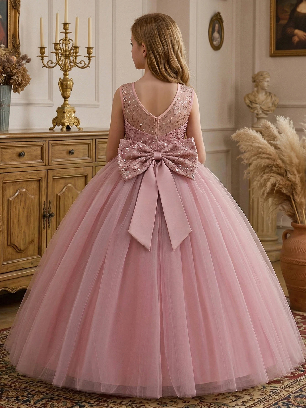 Girl Party Dress Pink Long-style Evening Dress with Large Bow V-neck A Magnificent Evening Dress, Birthday Party, Ball, Banquet