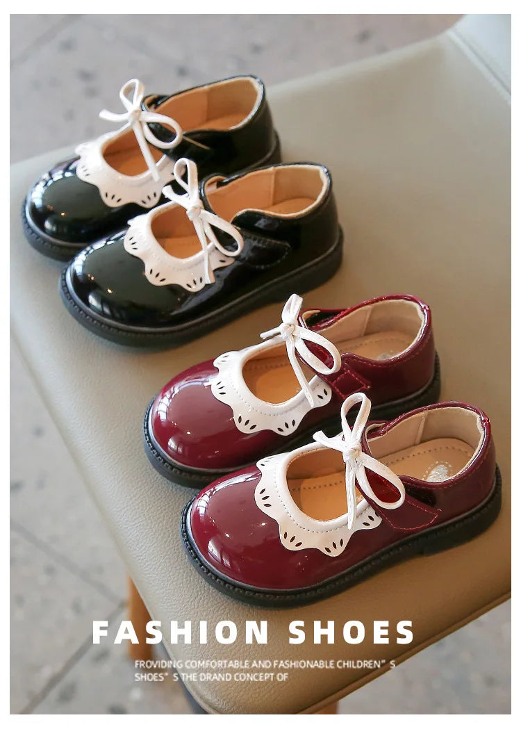 Girl's Princess Shoes Wine Red Black Ruffles Elegant Patent Leather Bowknot Children Flat Shoes 21-35 Toddler Kids Single Shoe