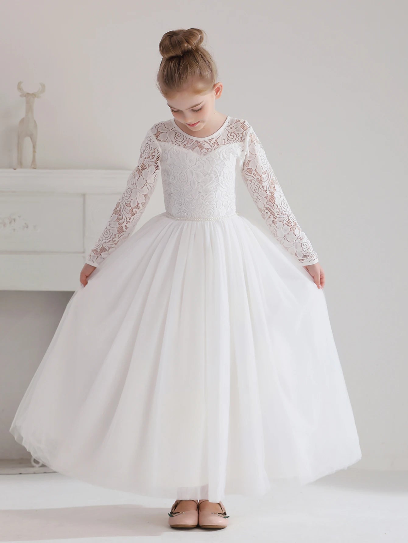Girls' Teenage Long Sleeve Lace Dress Wedding White Bridesmaid  Gown Long Dress