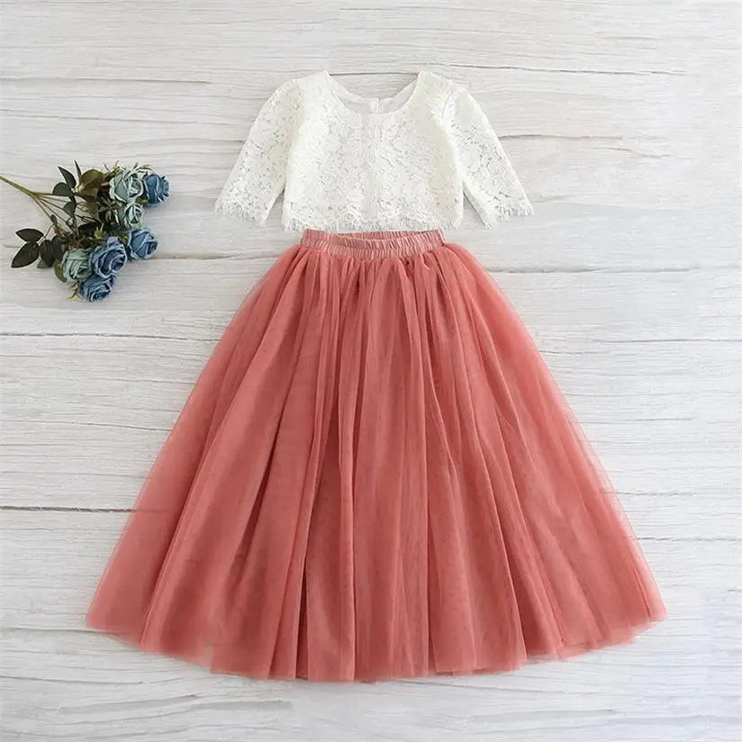 Children Set Clothing for Girls Half Sleeve Lace Top+Champagne Pink Long Skirt dress