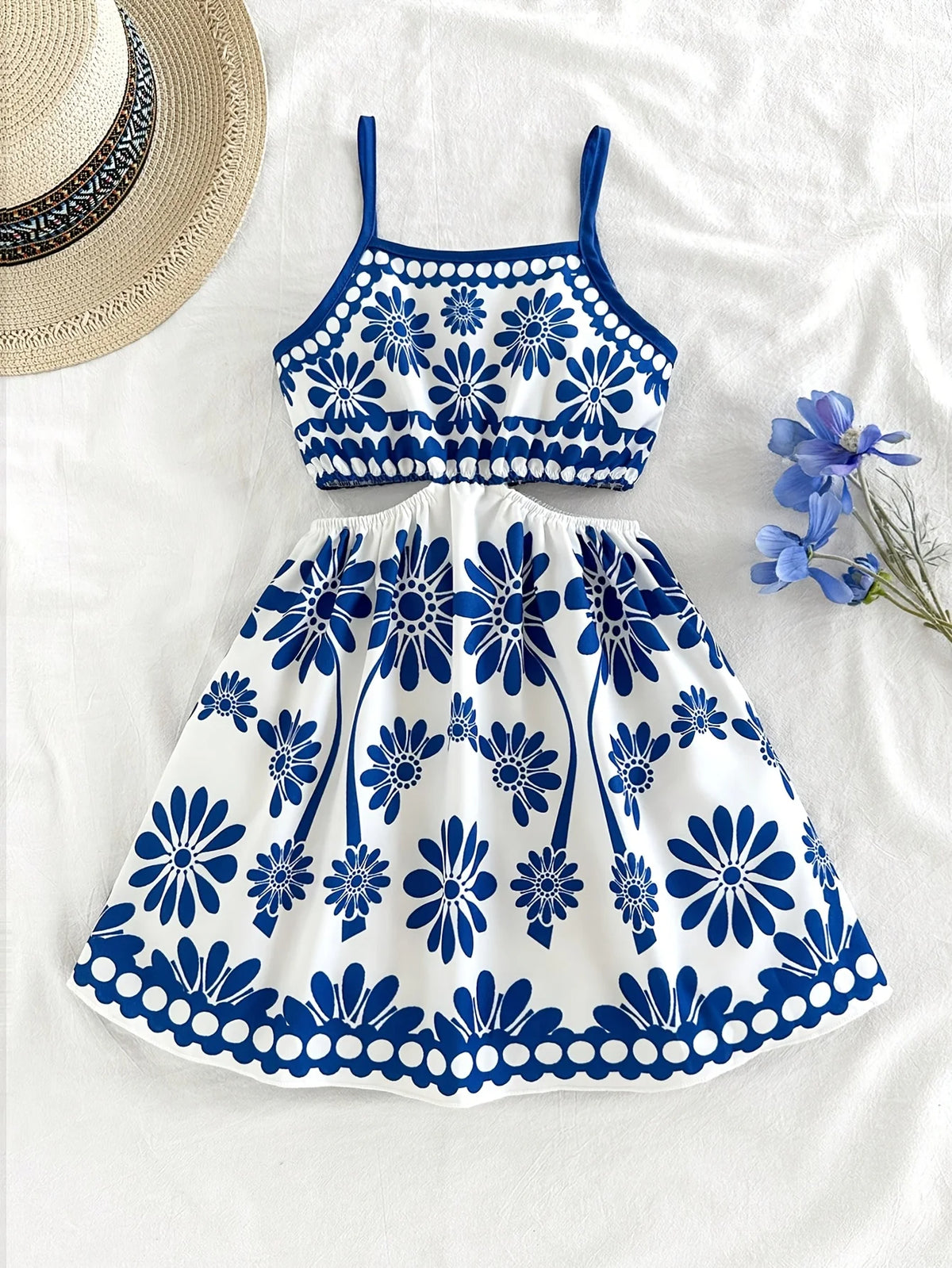Girls' Summer Casual Dress, New Blue and White Floral Print Design, Hollow-Out Strap Dress