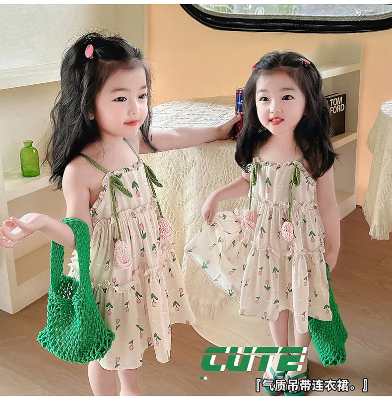 Baby Girl Summer Dress Sweet Floral Pattern Halter Dress Korean Version of The Lovely Baby Girl Princess Dresses