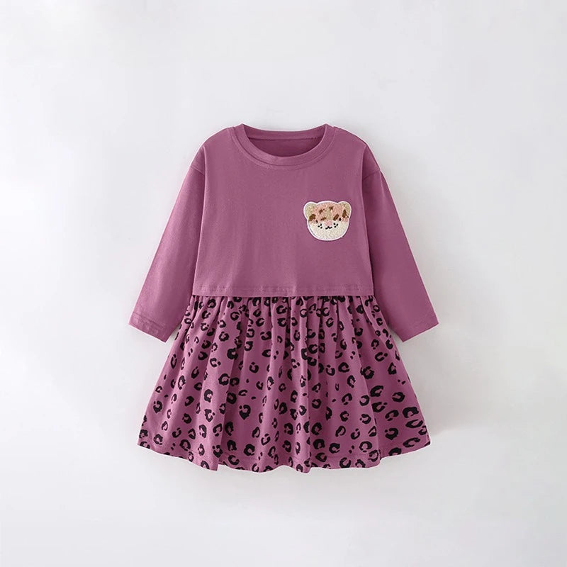Girls Dress 2025 Spring Autumn New Europ-America Style Round Neck Leopard Pattern Dress