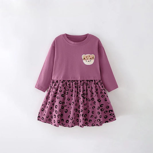 Girls Dress 2025 Spring Autumn New Europ-America Style Round Neck Leopard Pattern Dress