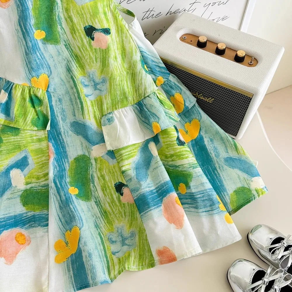Girls Casual Dresses Flower Printing Ruffled Sleeveless Casual Dress