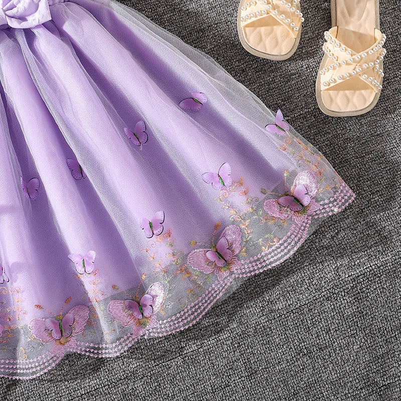 Dress For Girls Yellow O-Neck Fly-Sleeve Tulle Bowknot
