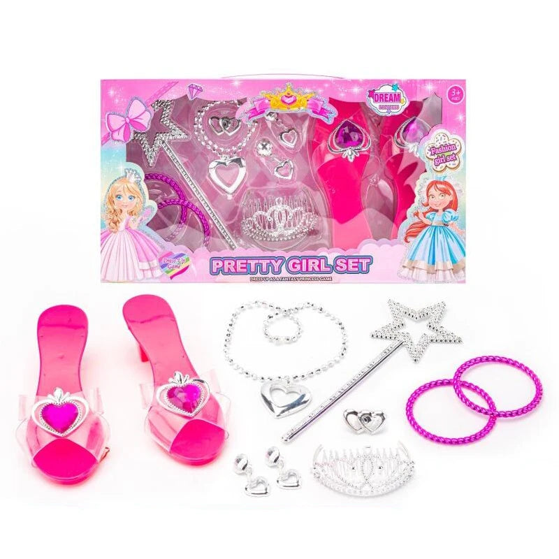 Girls Jewelry Toys Set Crystal Shoes Necklace Crown Earrings Bracelet Play Makeup Dress Up Princess Toys for Kids Role Play