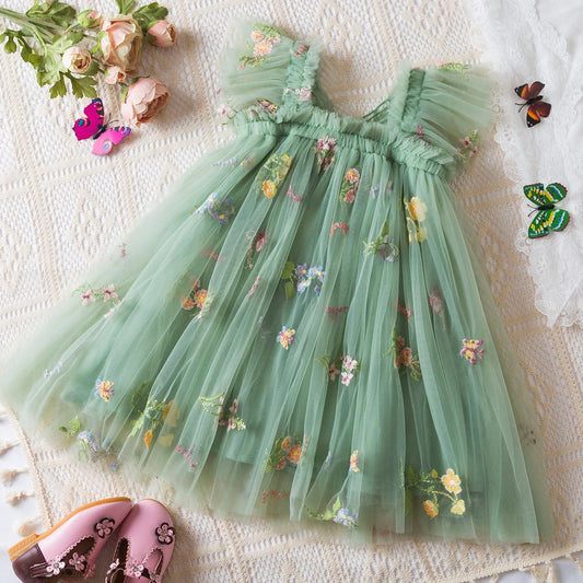 Lucía Puffy Mesh Princess Floral Embroidery Suspender Dress