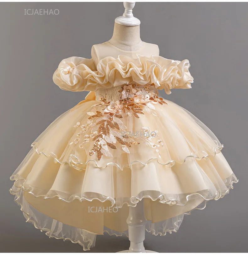Girls Flower Girl Dress with Train Tulle Princess Gown Christmas Birthday Party Pageant Formal Dresses Kids Children Clothing