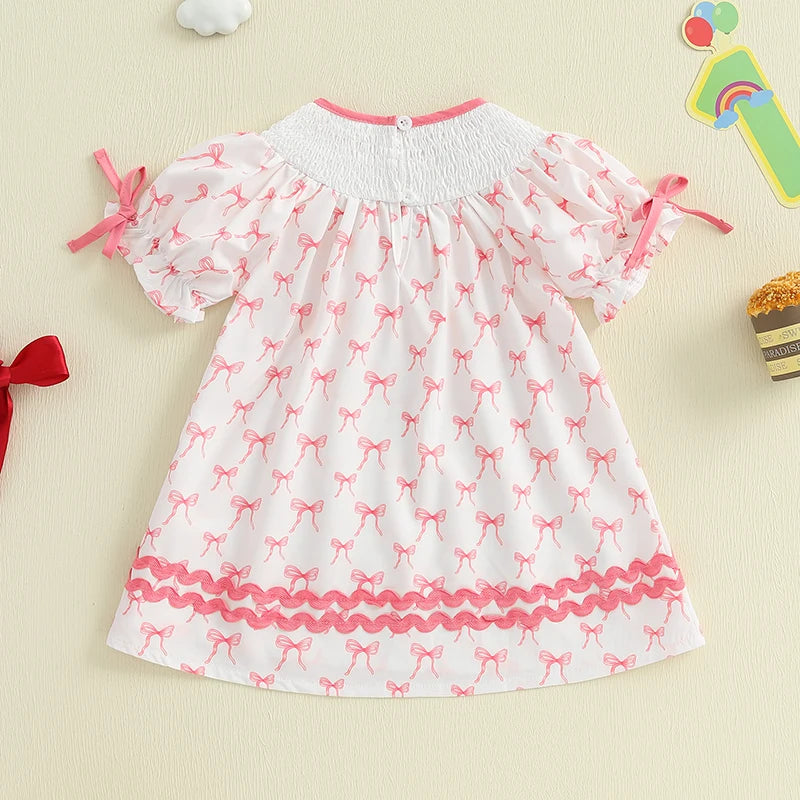 Toddler Girl Birthday Dress with Puff Sleeves and Embroidered Letters