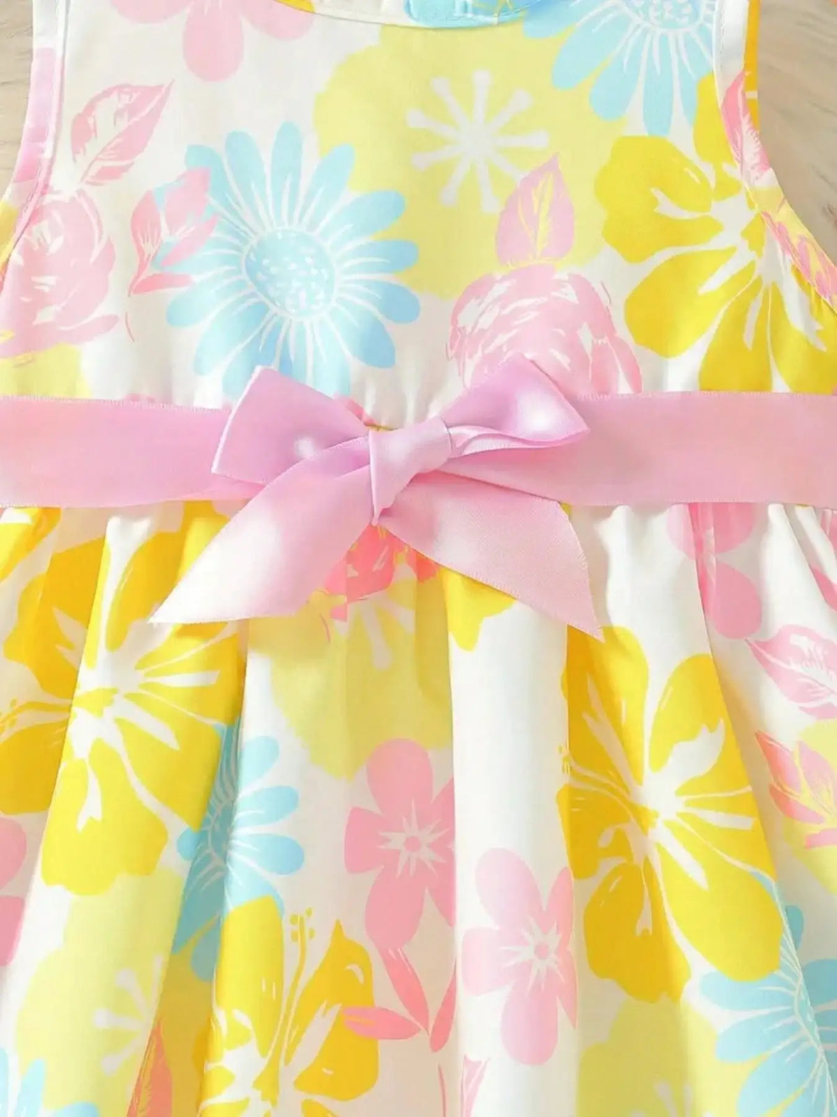 Baby Girl's Floral Print round Neck Sleeveless Dress with Pink Bow Waistband Sweet Cute Summer Casual Daily Outfit