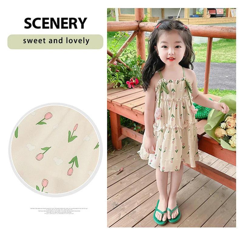 Baby Girl Summer Dress Sweet Floral Pattern Halter Dress Korean Version of The Lovely Baby Girl Princess Dresses
