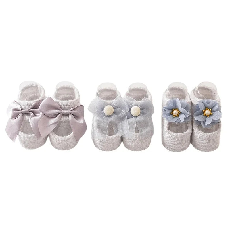 3 Pair Baby Girl Ankle Socks Lace Bow Infant Anti Slip Socks Newborn Princess Pearl Low Cut Socks Children Home Floor Shoes