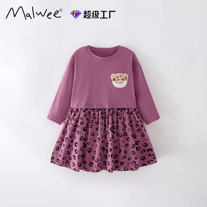Girls Dress 2025 Spring Autumn New Europ-America Style Round Neck Leopard Pattern Dress