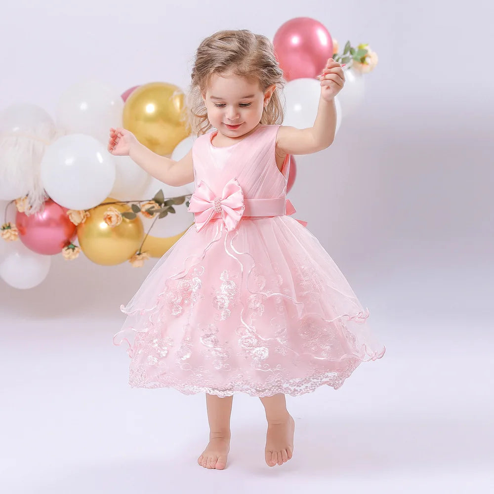 Embroidery Baby Girl Dress for Infant 6-24 Month Baby Girls First Year Birthday Dresses Beaded Flower Vestido Sleeveless Princes