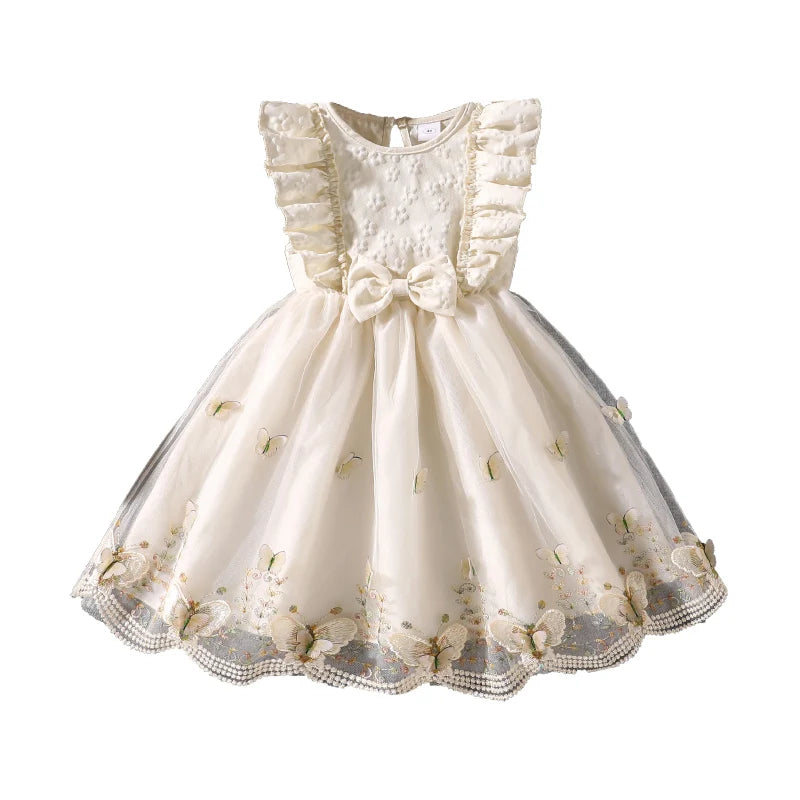Dress For Girls Yellow O-Neck Fly-Sleeve Tulle Bowknot