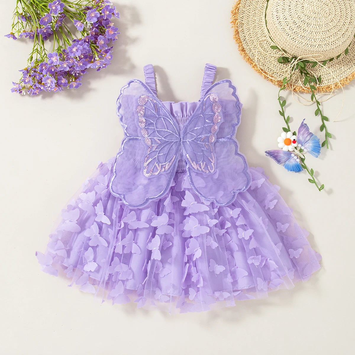 Summer New Baby Girl Suspender Dress Solid Color Butterfly Wing Party Dress