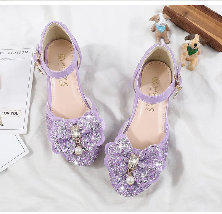Girls' High Heels Fashion New Sequin Bow Shoes Children's Dance Single Shoes
