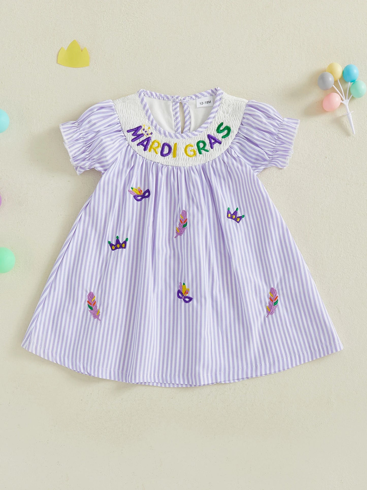 Toddler Baby Girl Mardi Gras Dress Loose Fit Letter Embroidered Striped Short Sleeve Dress