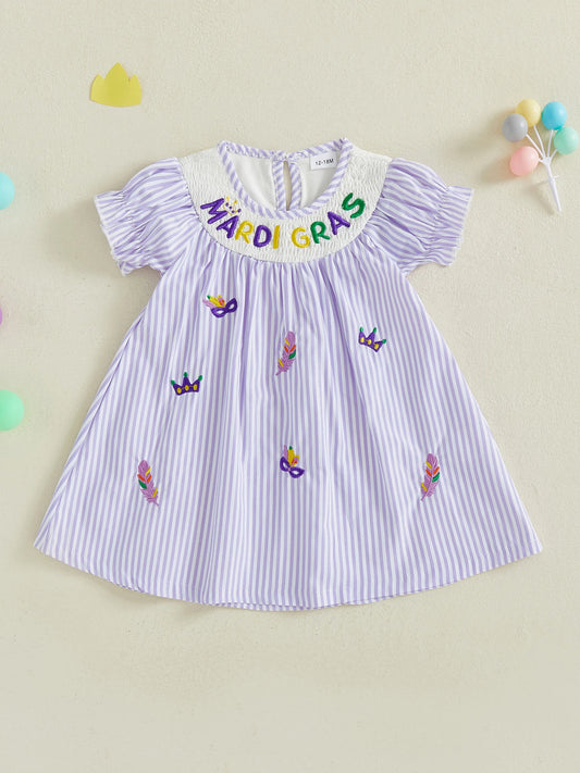 Toddler Baby Girl Mardi Gras Dress Loose Fit Letter Embroidered Striped Short Sleeve Dress