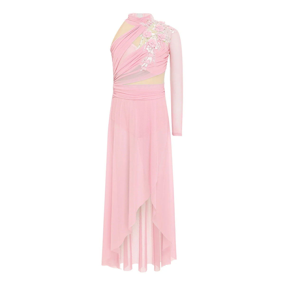 Girls Delicate 3D Flower Lyrical Dance Dress Asymmetrical Ruched Long Dress Gymnastics Modern Dance Clothes Performance Dress