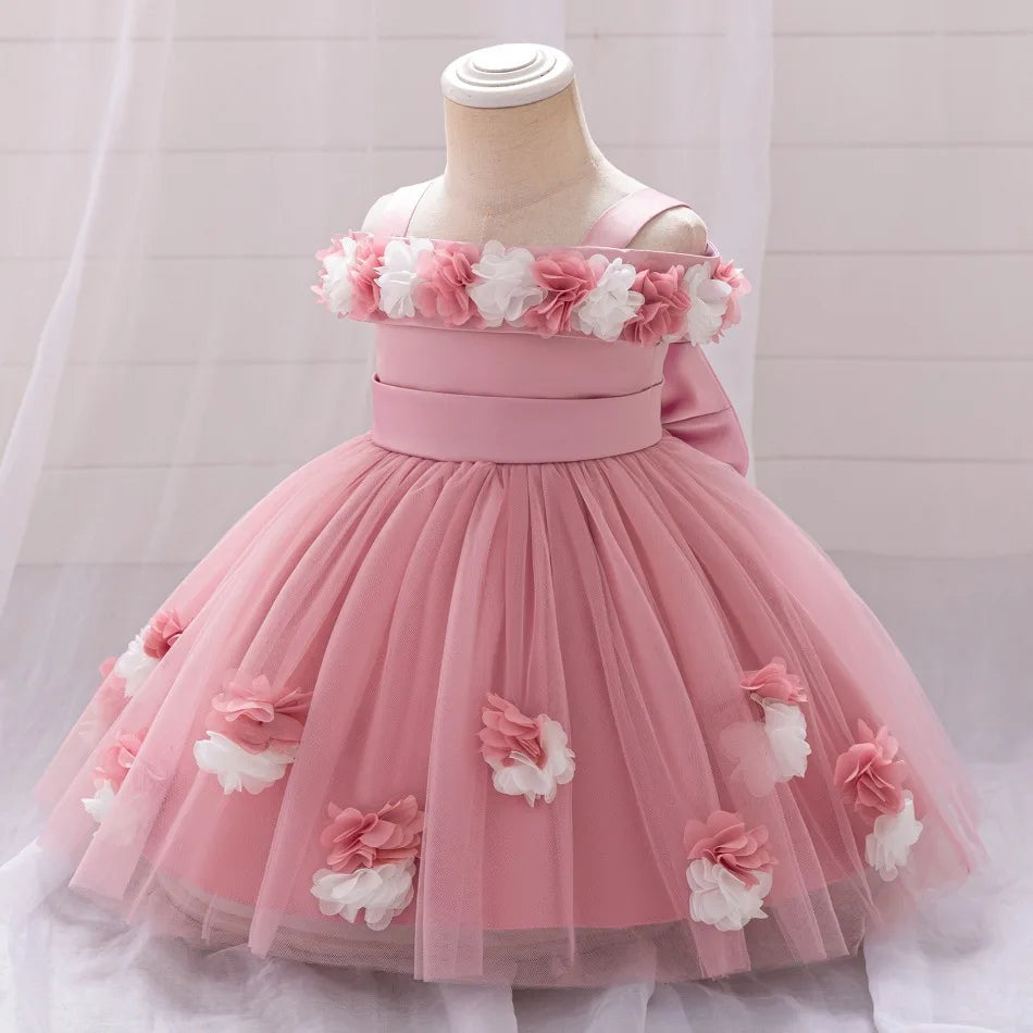 New Baby Girls 1st Princess Dress Infant Three-dimensional Flower One-word Shoulder Mesh Dress Baby Girl Performance Dress ASQ03
