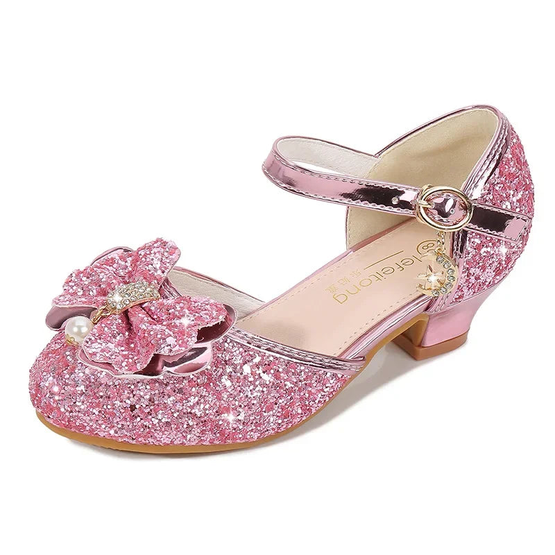 Girls' High Heels Fashion New Sequin Bow Shoes Children's Dance Single Shoes