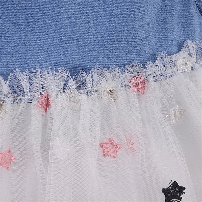 Baby Girls Dresses Summer 1-4Years Kids Tulle Dress Ruffles Sleeve Denim Cotton Mesh