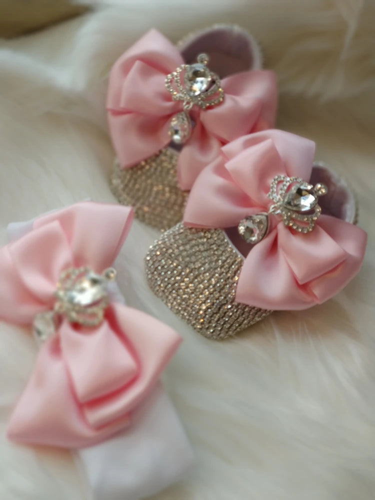 Dollbling Baroque Pink Rhinestones Baby Girl Shoes First Walker Headband Set Sparkle Crystals Princess Shoes Baby Shower SH3