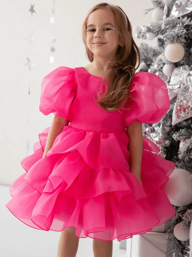 Girls Creamy-white Bow Short Sleeve Wedding Birthday Party Dress