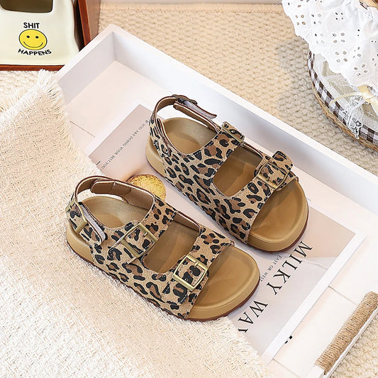Summer Kids Toddler Girls Trendy Leopard Print Sandals Adjustable Buckle Strap Anti-Slip