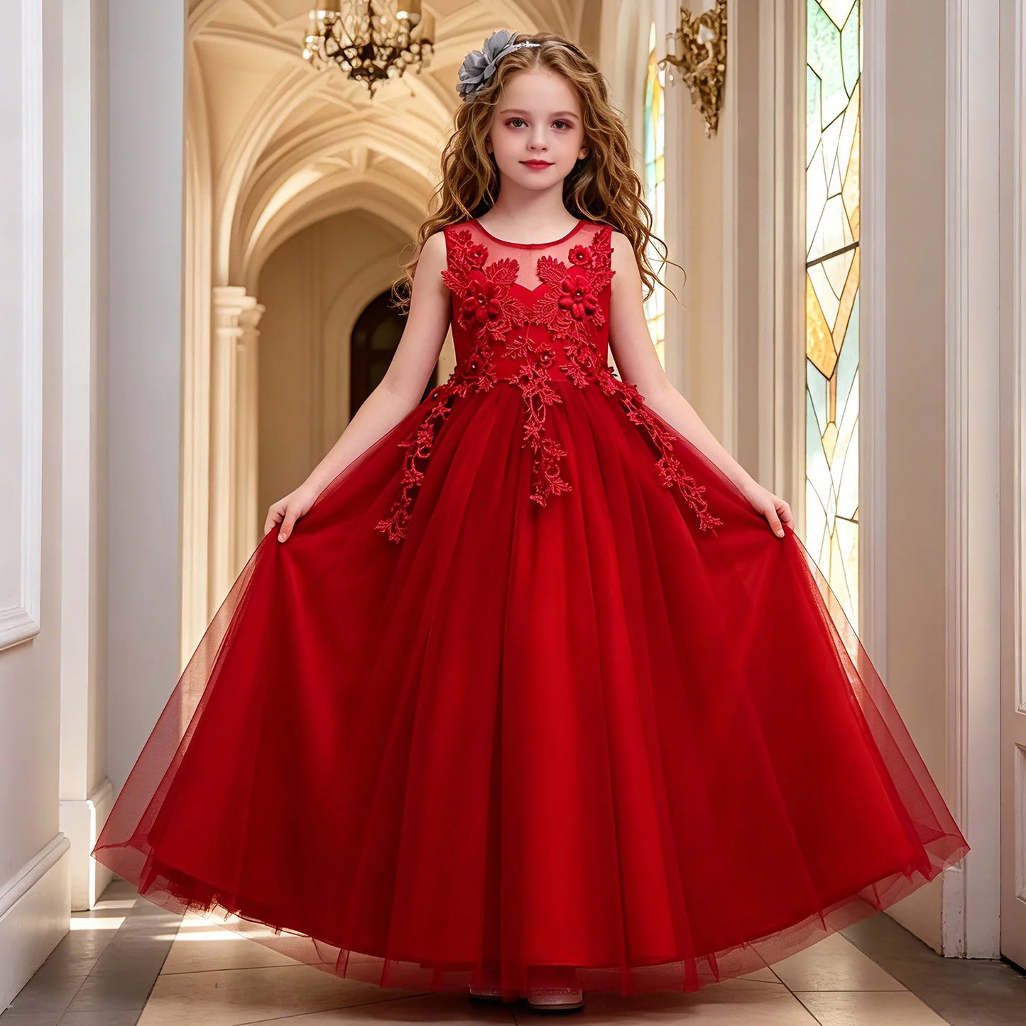 Kids Dresses For Girl Clothes Lace Flower Ball Gown Girls Long Dress For Wedding Prom Party Princess Dresses Teenage Costume