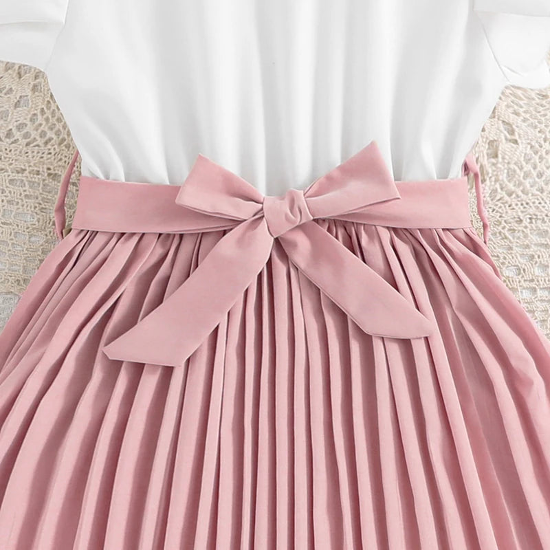Emma Kids Dress for Girls with Pleated Skirt and Bow Tie