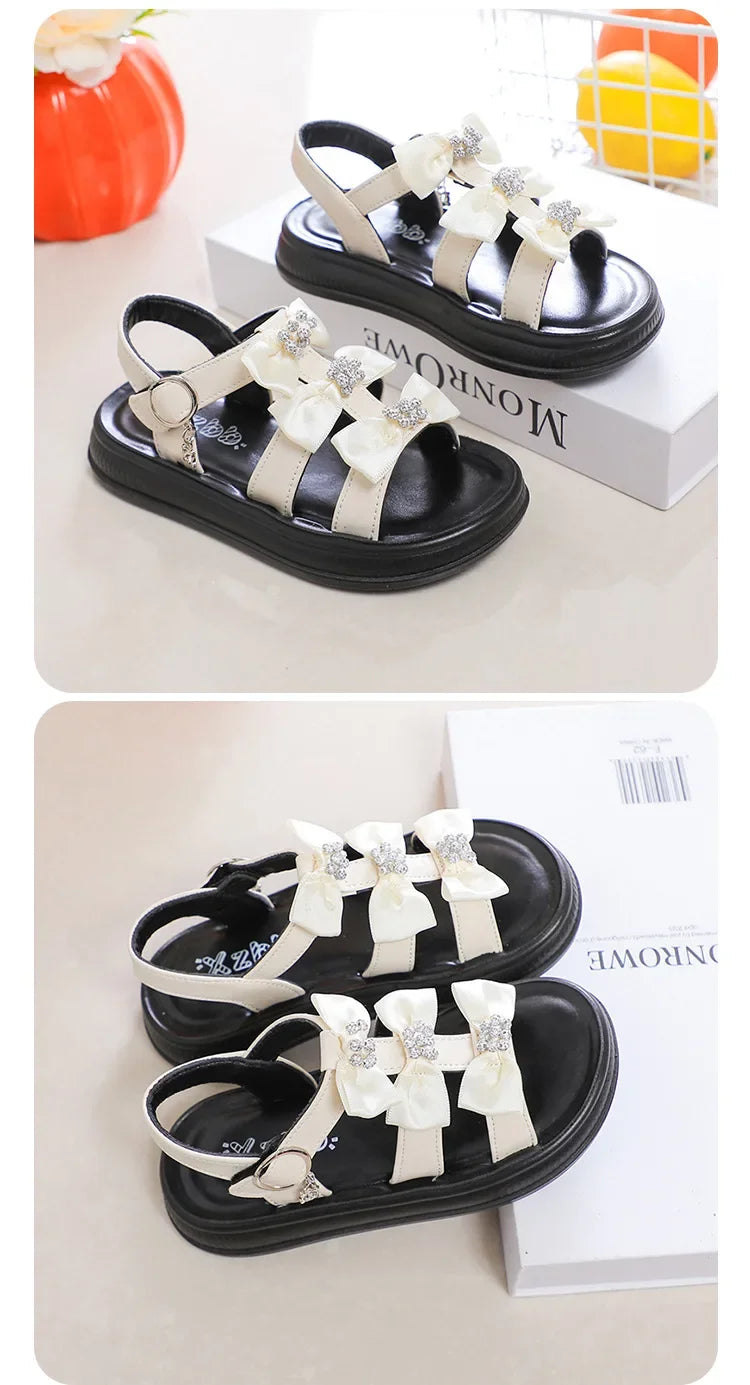 Girls Beach Shoes with Sweet Bows Soft Sole Kids Sandals Versatile 2025 Summer New Children Princess Shoes
