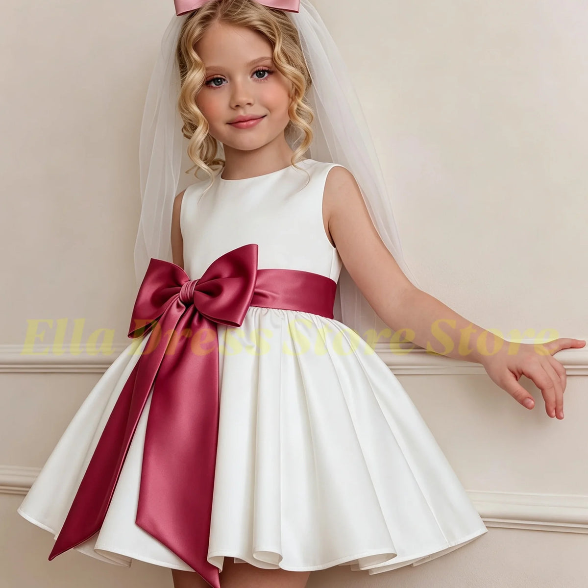 Wholesale Baby Flower Girl Dress with Bows Children Birthday Tribute Silk Satin Formal Vestidos Black Pink Kids Sleeveless Dress