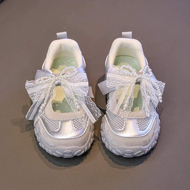 2026 Summer Kids Sport Sneakers for Girl Pearl Lace Mary Jane Flats Lightweight Non-Slip