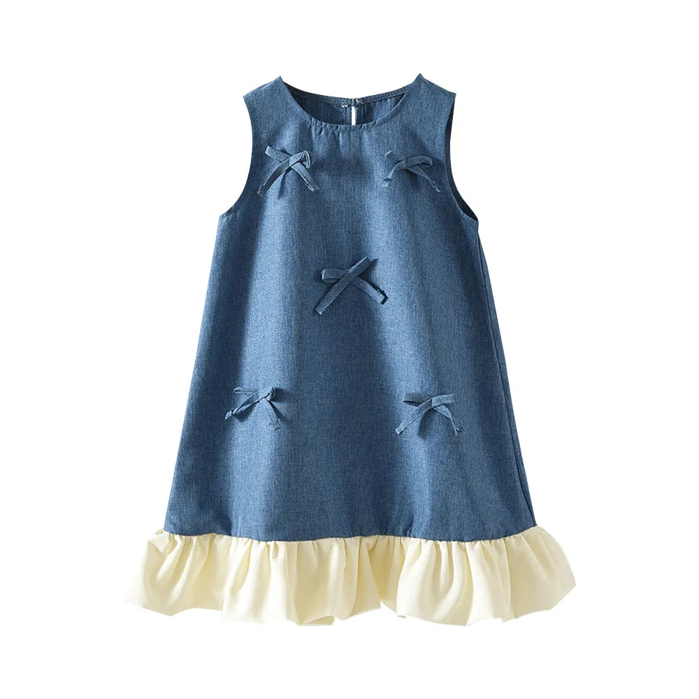 Maren A-line Girls Denim Dress with Bow for 3-7Y Kids